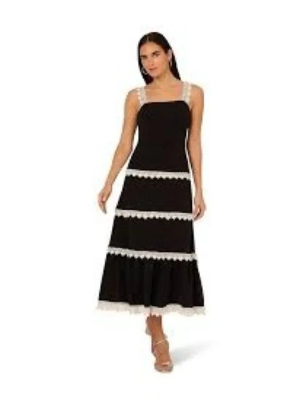 Adrianna Papell Women's Black Stretch Knit with Crochet Trim Midi Dress Size 8